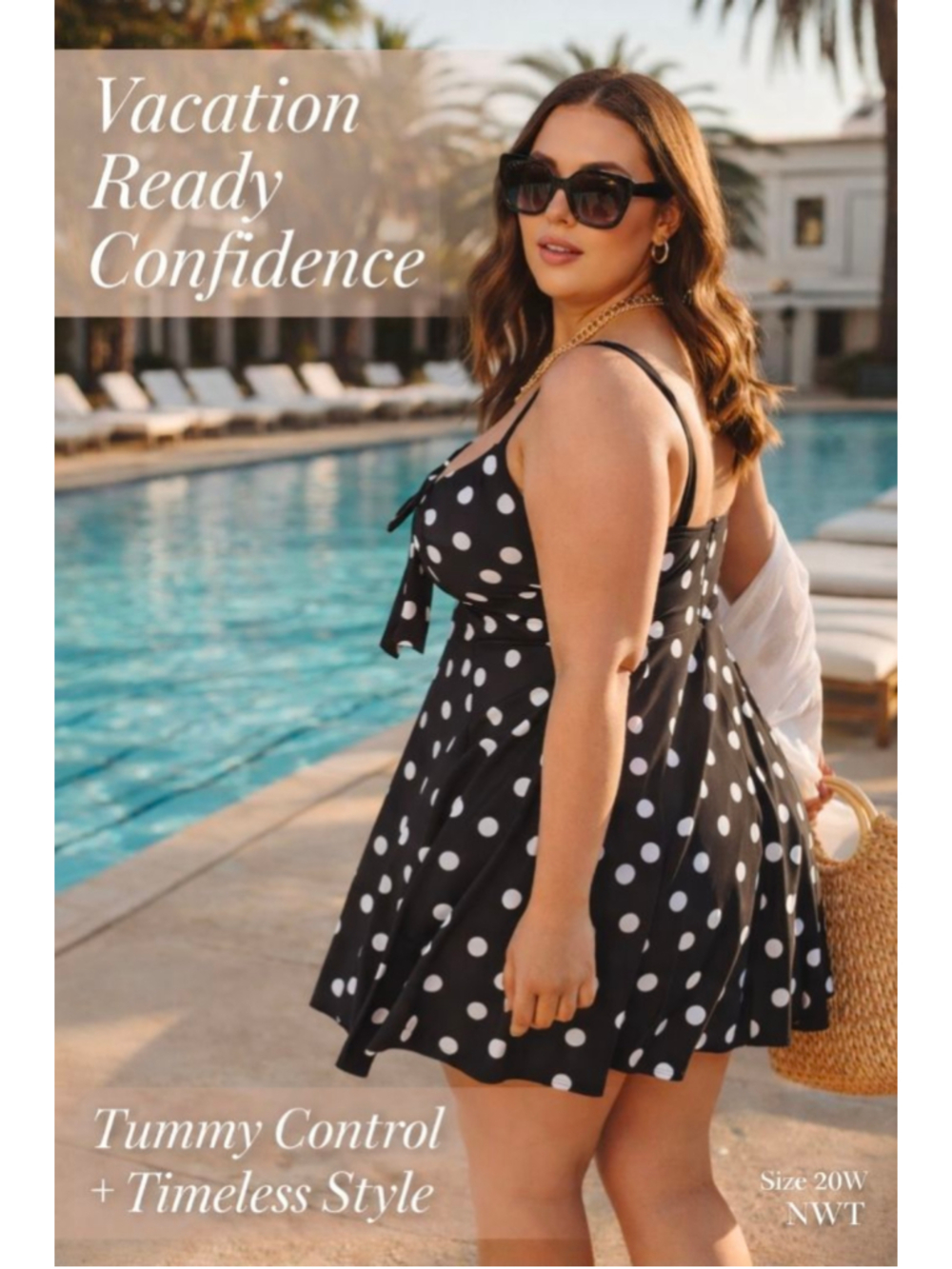 Swim Solutions Black White Polka Dot Swimdress One Piece Tummy Control 20W NWT
